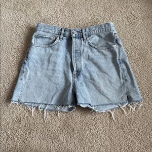 Agolde Light Blue High Waisted Frayed Hem Jean Shorts